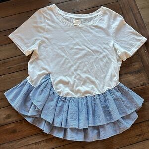 Anthropologie Maeve Ruffle Tee White Blue M